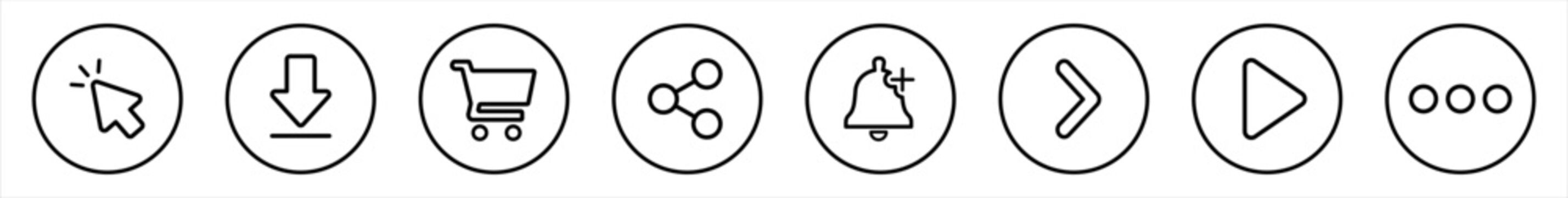 Call to action icon set. CTA button symbols for click, download subscribe buy learn and start. Outline action icons for website buttons, app UI, landing pages, marketing banners and conversion design
