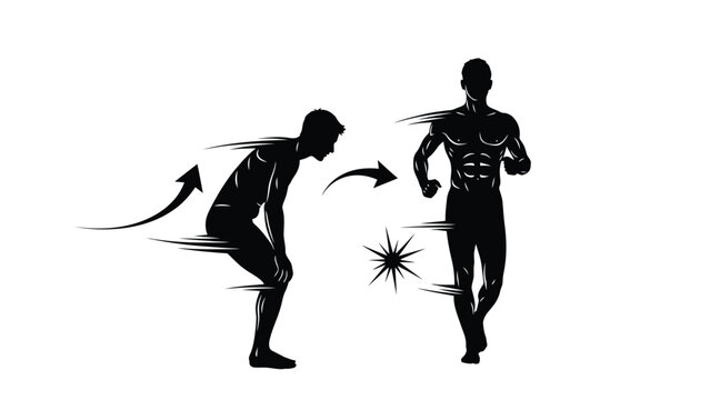Illustration shows the transformation from tired weak runner to fit strong athlete after rest or training