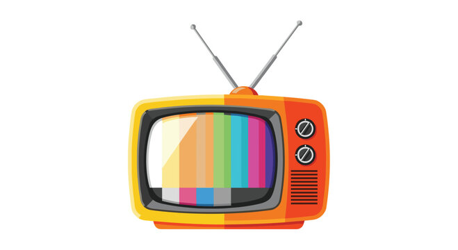 A bright orange and yellow vintage television displaying a colorful test card, evoking a sense of retro television and analog broadcast signals, on a plain b...