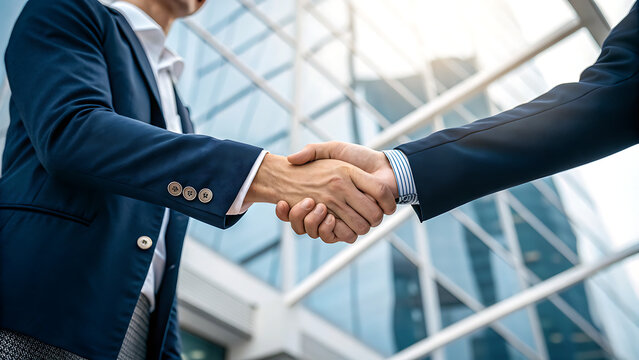Business handshake, partnership agreement, success, meeting, modern office building background