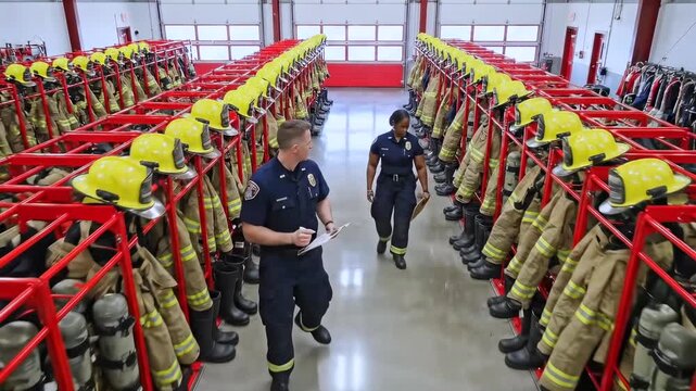 Fire station aisle with racks of helmets and turnout gear as two crew members walk inspection route officer reviews checklist with trainee while rows of boots and jackets signal disciplined