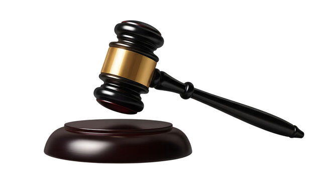 A gavel resting on a sound block in a courtroom setting