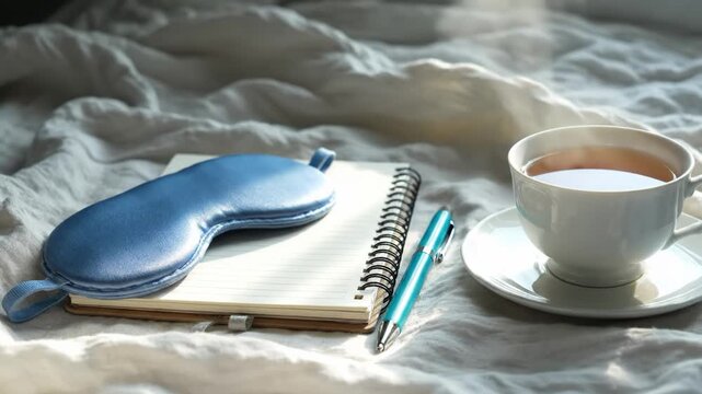 Morning routine with hot tea, sleep mask, and notebook on rumpled bed