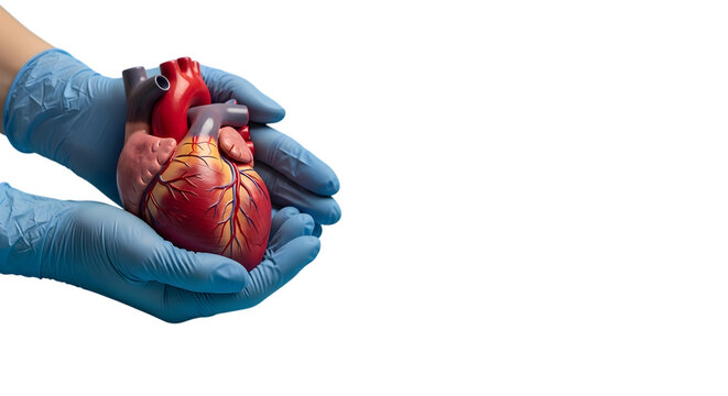 Human heart in gloved hands