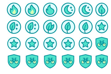 Various icons representing nature, water, stars, and bicycles designed in a simple style for digital use