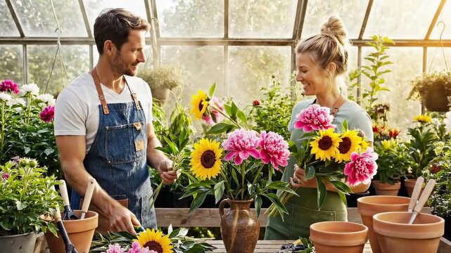 Sunlit greenhouse white couple arranging bouquets with sunflowers and pink peonies - clay pots - trowel - watering - handson teamwork - playful banter - florist owners prepping market display