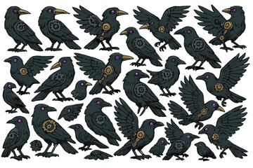 Obraz premium Multiple black crows with mechanical details shown in various poses and positions against a white background showcasing their features and designs