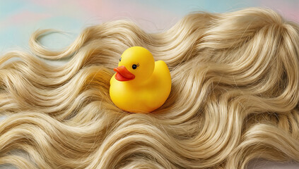 Yellow rubber duck resting amongst long blonde wavy hair, playful beauty and bath time concept