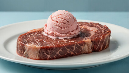 Raw steak with a scoop of pink strawberry ice cream on top, unusual food pairing concept