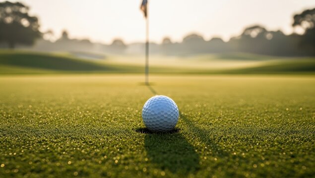 Golf ball on the edge of the hole on a misty morning golf course
