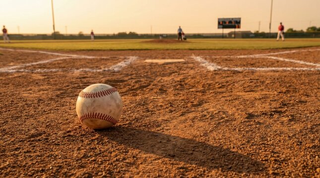 Baseball on the infield dirt at sunset, ready for the game to begin