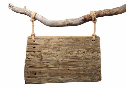 Rustic blank wooden sign hanging from a driftwood branch. Isolated on white for easy use as a template or mockup.