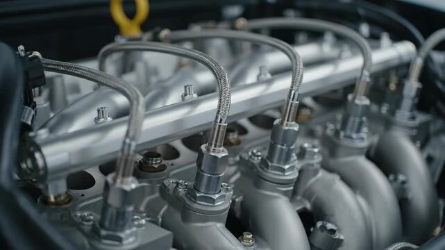 Close-up of Polished V12 Engine Fuel Rail Assembly with Injectors