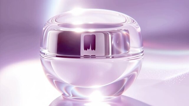 A luxury purple cosmetic jar mockup with silver lid on glowing background. A concept of anti-aging skincare cream and premium beauty product reveal, 4K video animation.