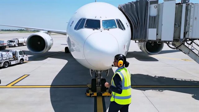 Ground personnel assisting aircraft movement with headset and bright vest - Marshalling team guiding aircraft safely to terminal gate wearing glowing safety vests and headsets