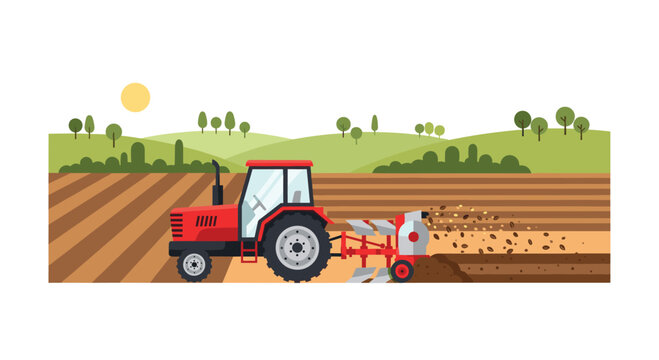A red tractor plows a furrowed brown field under a sunny sky with green rolling hills in the background, illustrating agricultural work and cultivation.