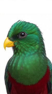 iridescent green parrot with a striking yellow beak and red chest, against a plain white background
