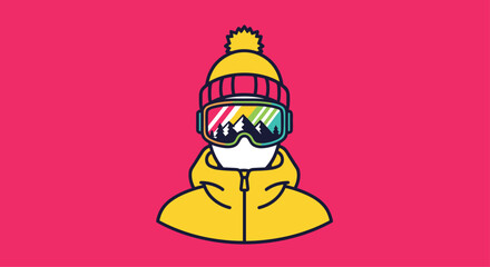 Stylized illustration of a skier wearing a yellow jacket and colorful goggles reflecting mountains, set against a vibrant pink background.
