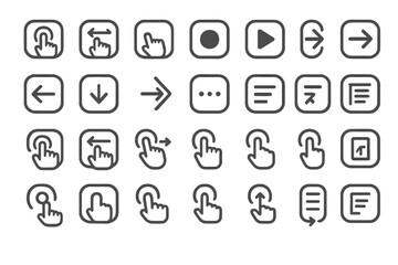 Various icons showing hand gestures for navigation, play, and action in user interface design