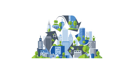 Fototapeta premium Modern cityscape integrated within a large recycling symbol, showcasing green architecture and urban sustainability with trees and clean design.