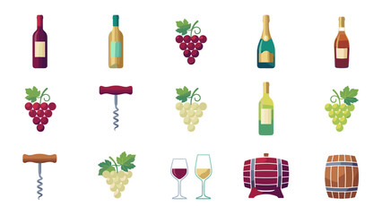 Obraz premium Vector Icon Set of Wine Bottles, Grapes, Corkscrews, Glasses, and Barrels in Modern Gradient Style. Collection of Winery Elements for Menu Design, Branding, and Infographics on White Background.