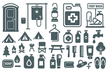 Tools and supplies for camping and outdoor activities seen in a simple layout at a campsite during daylight hours