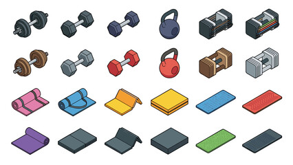 Naklejka premium Isometric Fitness and Gym Equipment Icon Set with Dumbbells, Kettlebells, Adjustable Weights, and Yoga Mats in Various Colors and Styles for Workout, Exercise, and Health Design Projects.