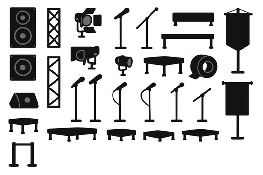 Different music and stage equipment used for events with speakers, microphones, lighting, and support equipment for performances