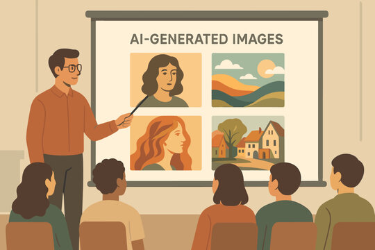 Person pointing at a screen showing AI-generated images during a presentation in a classroom setting