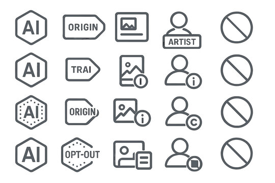Icons representing artificial intelligence with labels indicating origin, artist, information, and opt-out options for usage