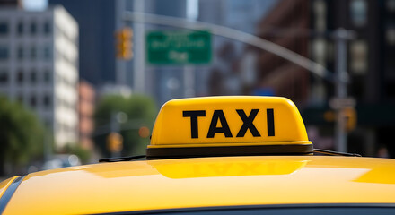 Bright yellow taxi sign illuminated against blurred urban cityscape background