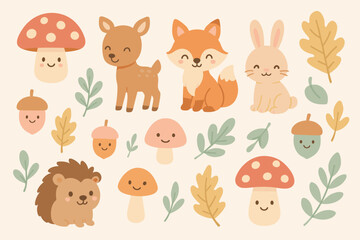 Fototapeta premium Cute woodland animals and plants gathered together in a simple and colorful design