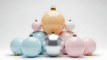 Colorful christmas ornaments in pastel shades on white surface