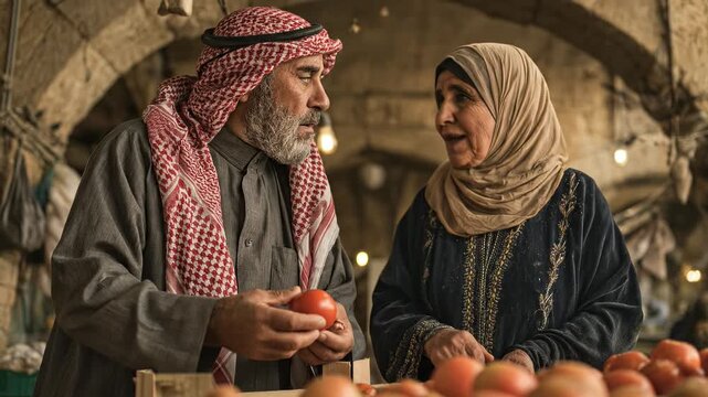Senior Arab couple carefully selecting ripe tomatoes at a bustling market. Traditional clothing, weathered faces, authentic lifestyle. Local produce, close-up view, warm tones, cultural heritage.