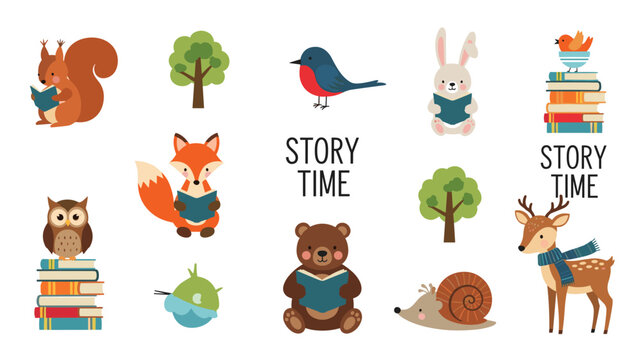 Enchanting collection of forest animals like a fox and bear are shown reading books alongside trees and books in a nursery style.