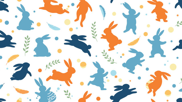 Colorful bunny silhouettes create a playful seamless pattern perfect for easter decorations and festive spring holiday celebrations.