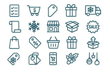 Shopping icons represent different aspects of retail, gifts, and sales during busy holiday seasons and everyday shopping experiences