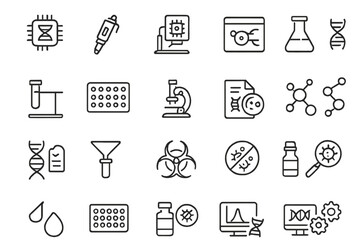 Naklejka premium Icons representing science and research tools for labs and experiments in a simple layout, showcasing various elements used in biological studies