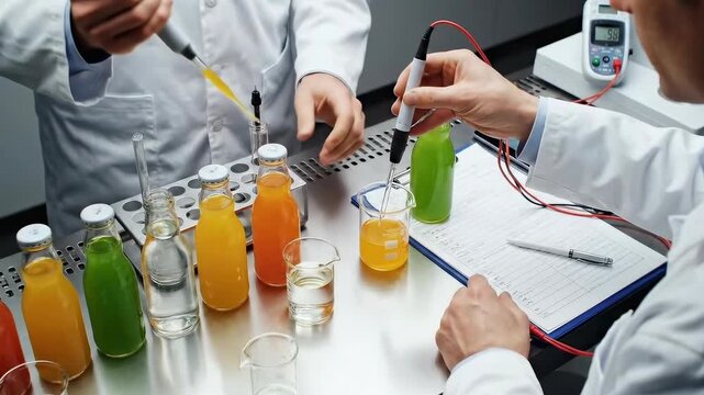 laboratory testing fruit juice samples on stainless bench with technicians in lab coats using pipettes - electrodes and digital meter colorful glass bottles and vials - clipboard with notes -