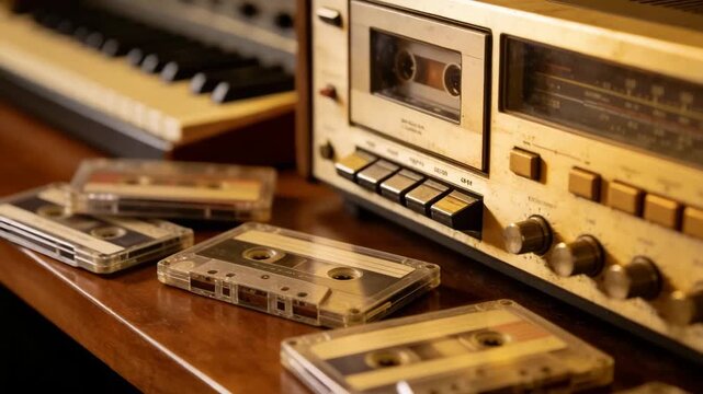  classic cassette tape recorder placed on music desk with scattered tapes orbit left video