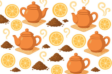 Teapots, lemons, and tea leaves scattered across a simple white background creating a fun pattern for kitchen or cafe decor