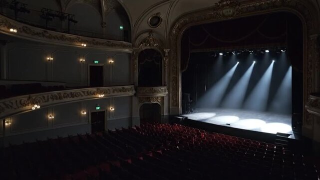 A breathtaking panoramic view of an opulent, empty theater auditorium, showcasing multiple levels of balconies and rows of plush red velvet seating leading down to a dramatically lit stage. Intricate 