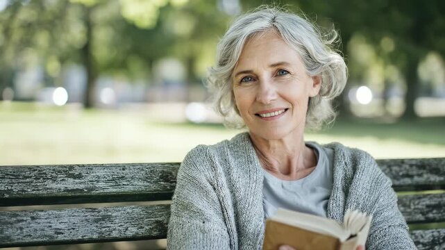 Elegant senior woman relaxing. Mature lady with grey hair sits on park bench. Peaceful moment, reading a book. Outdoor lifestyle, calm atmosphere. Enjoying quiet retirement.