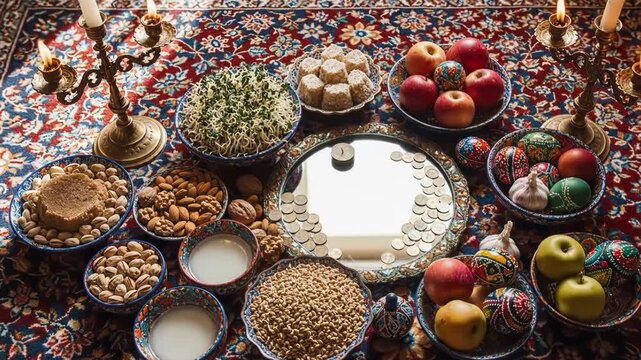 Haftsin table setting for nowruz with traditional sweets and decorated eggs