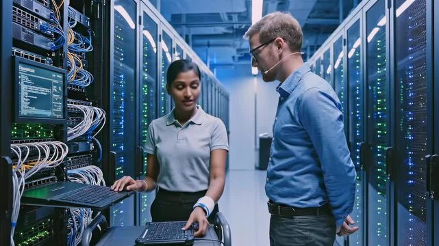 female engineer demonstrates server configuration commands while colleague observes and takes notes - hands on rack cables and console - instructional teamwork and troubleshooting