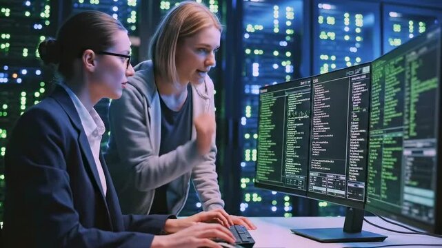 two women analyzing code on large monitors inside bluelit server room - data center racks in background with blinking lights - terminal windows showing green text - one pointing at suspicious
