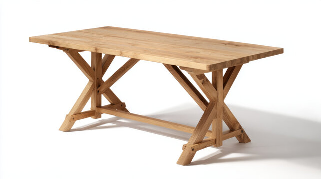 Wooden table dining table farmhouse rustic trestle pine furniture isolated on white background, natural wood top with crossed leg support, studio cutout for interior design use
