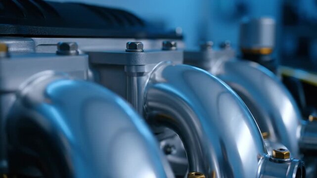 Macro shot of polished V12 engine intake manifold with throttle body stacks