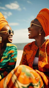 Happy Black friends laughing in colorful African fashion. Two women enjoying a sunny summer day outdoors. Sisterhood and joy concept