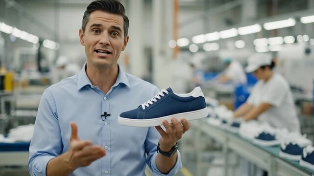 A confident and engaging male professional, dressed in a sharp light blue collared shirt and equipped with a lavalier microphone, enthusiastically presents a stylish navy blue and white sneaker direct